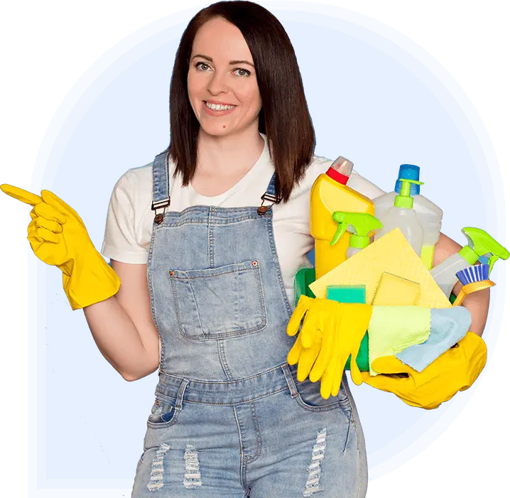 A lady with cleaning tools in her hand