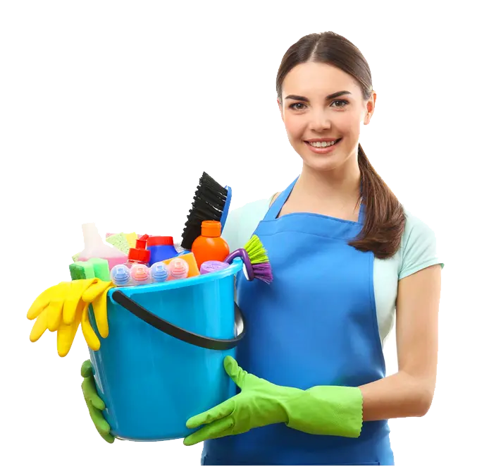 A lady with cleaning tools in hand